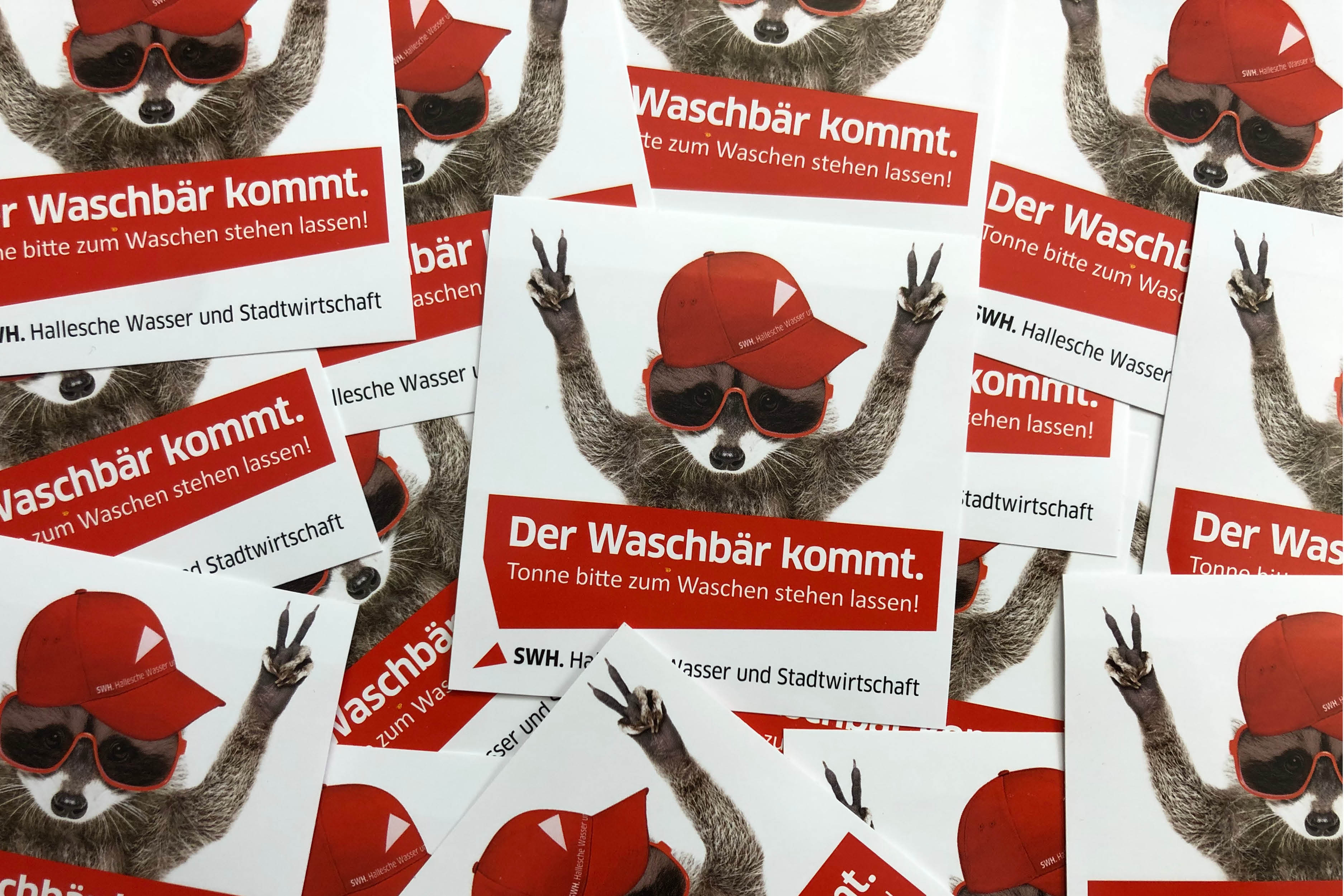 Aufkleber-Motiv: Der Waschbär kommt. Tonne bitte stehen lassen!