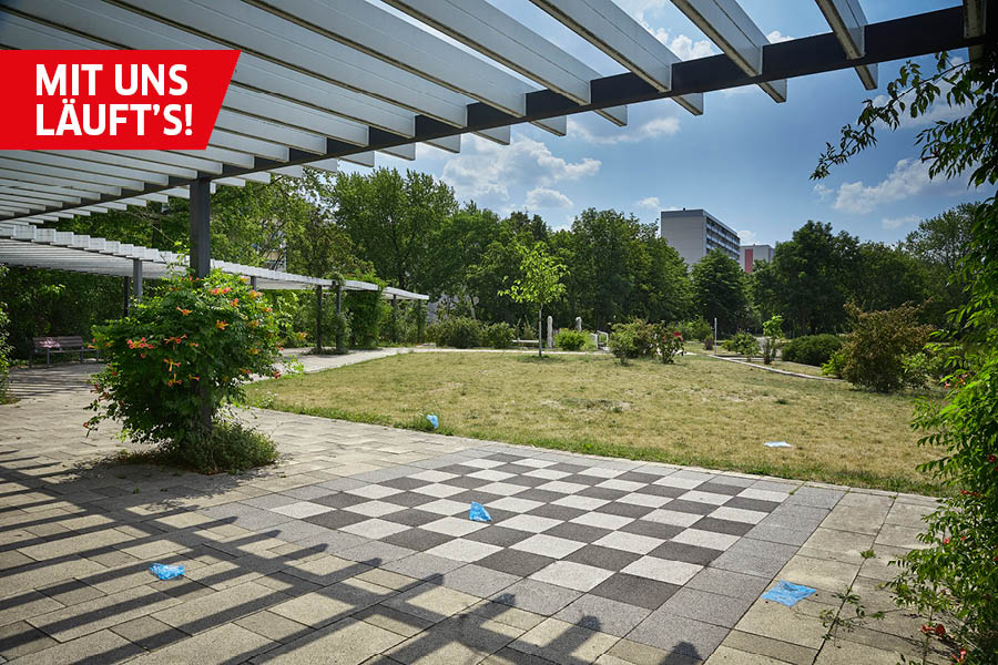 Das Bild zeigt den grünen Pestalozzipark im Stadtteil Gesundbrunnen in Halle am Tag. Eine Rankhilfe mit einem Gitterdach wirft einen Schatten auf die Pflastersteine. Einwegeiswürfelbeutel liegen im Gebiet des Parks herum.