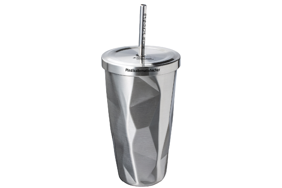Silberner Aluminiumbecher mit Logo der Halleschen Wasser und Stadtwirtschaft mit integriertem Trinkhalm