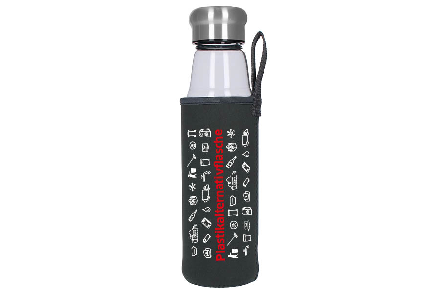 Glasflasche mit einem schützenden Überzug mit dem Aufdruck Plastikalternativflasche