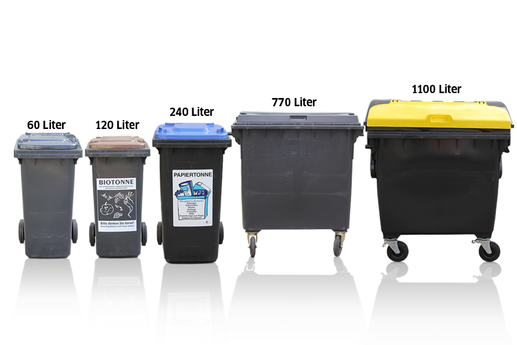 Abfallbehälter gibt es verschiedenen Größen: von 60 Liter bis 1100 Liter.
