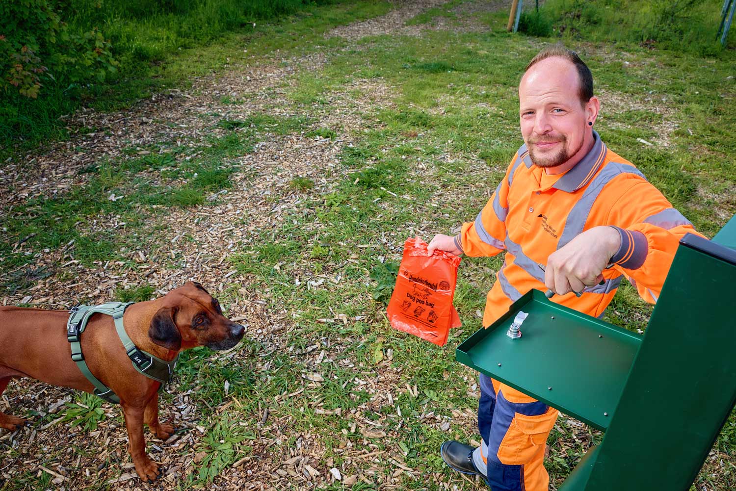 Mitarbeiter füllt Hundetoilette auf.