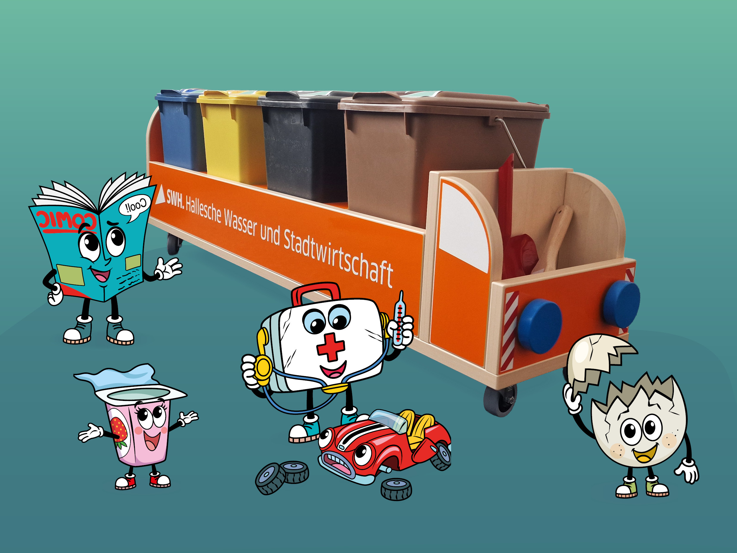 Entsorgungsfahrzeug in Miniaturformat mit 4 Abfalltonnen