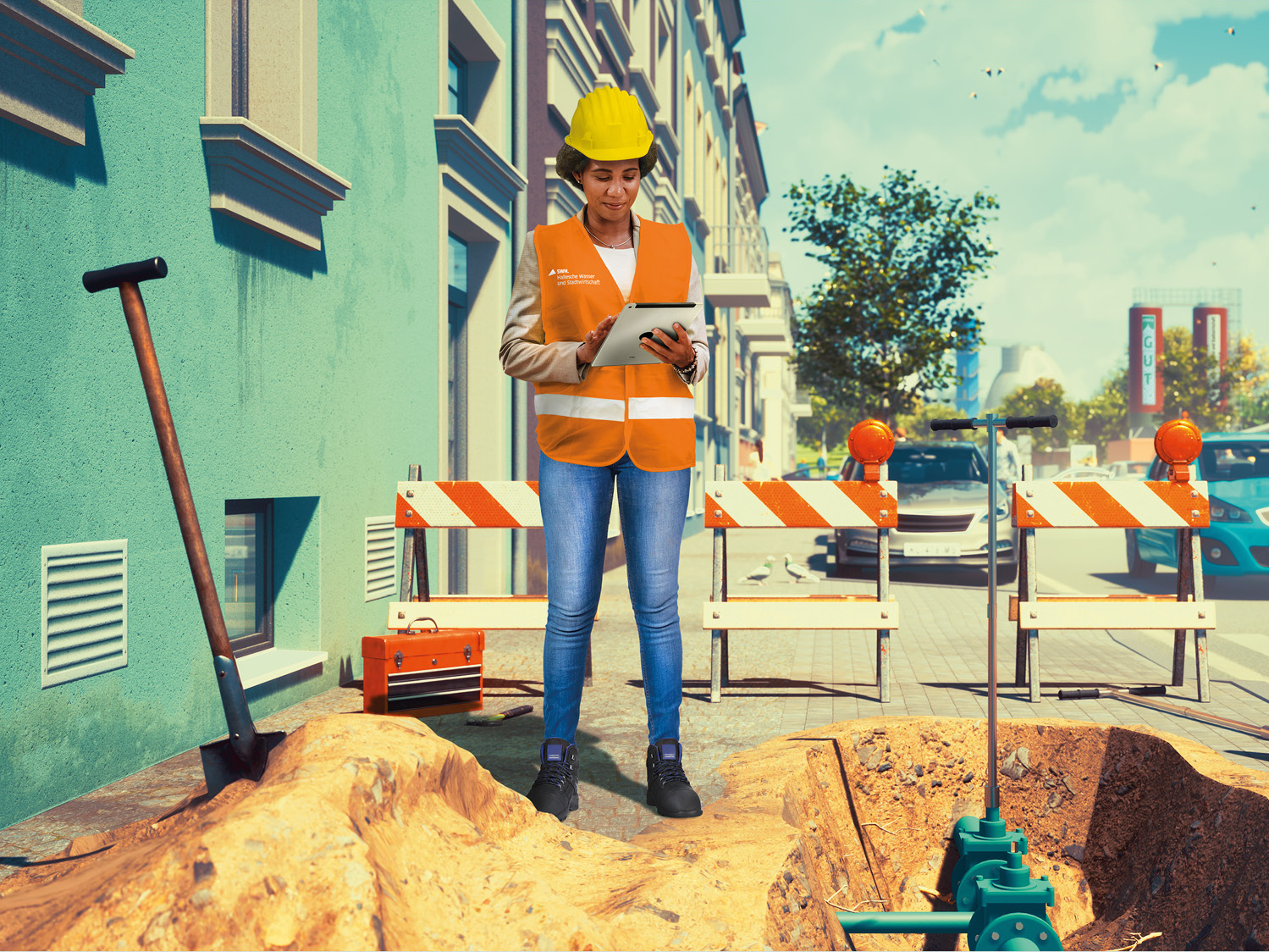 Mitarbeiterin steht an Schacht.