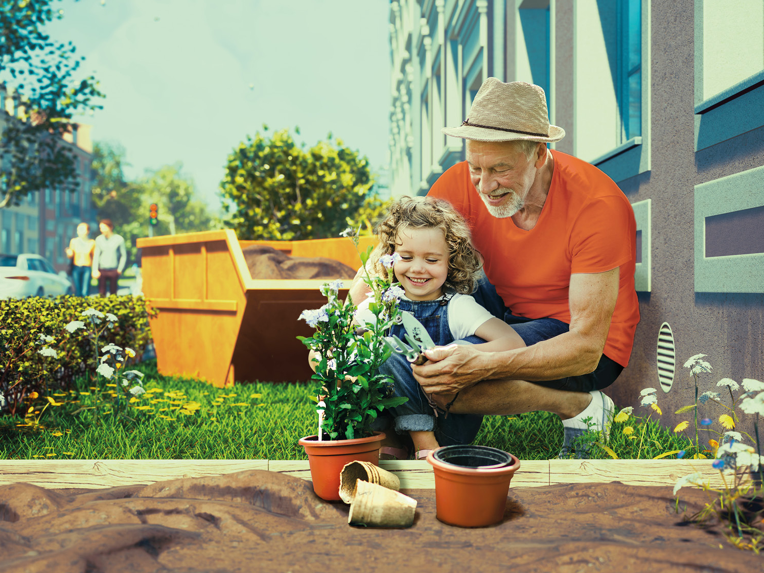 Opa mit Enkelin pflanzt Blume in Beet.