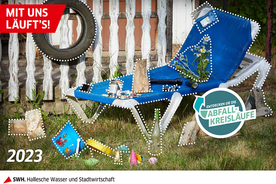 Ein sommerlich aussehendes Foto mit einer Grafik zum Thema Abfallkreislauf bei der Hallesche Wasser und Stadtwirtschaft GmbH 