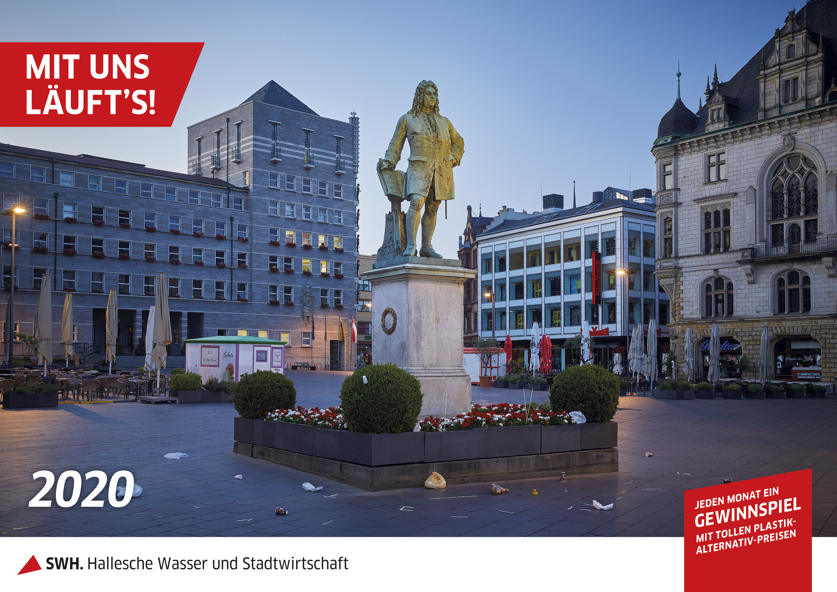 Auf dem Bild ist der neue HWS-Kalender für 2020 abgebildet, das Motiv ist das Händeldenkmal auf dem halleschen Marktplatz.